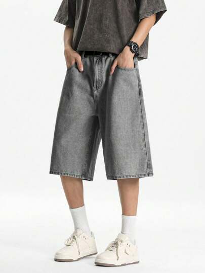 Manfinity Hypemode شورتات جينز فضفاضة قصيرة كاجوال مغسولة باللون الأزرق الفاتح للرجال