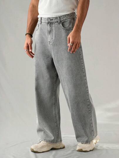 Manfinity Denimwave بناطيل جينز رمادية فاتحة، فضفاضة وواسعة الساق للرجال