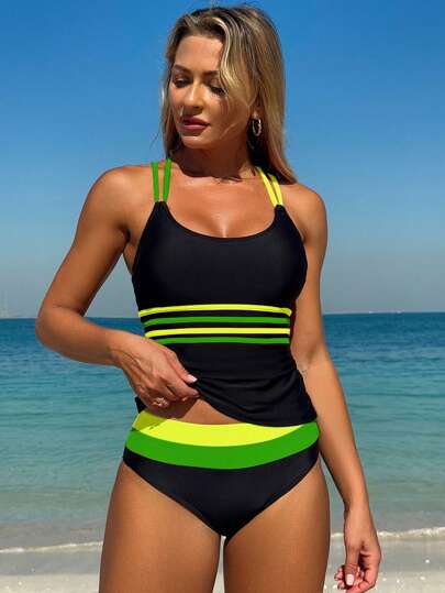 طقم تانكيني حريمي Swim SPRTY تانكيني قطعتين جديد بلون زاهي مع قطع عرضية للنساء ملائم للشاطئ'