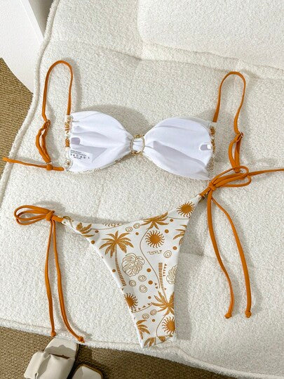 Swim Mod مجموعة بكيني نسائية لفصل الصيف، قطعة علوية عارية الحمالات وقطعة السفلي مربوطة الجانبين، تصميم أحادي اللون