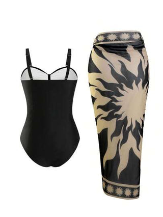 Swim Oasis فستان حمام مكون من قطعتين 2Pcs للمرأة ذات الحجم الكبير، جينز أسود رفيع بحمالات رفيعة، مع تنورة سوداء من الشبك، ملابس مناسبة لأجازة الصيف وأيام الشاطئ