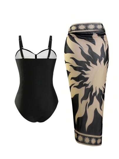 Swim Oasis فستان حمام مكون من قطعتين 2Pcs للمرأة ذات الحجم الكبير، جينز أسود رفيع بحمالات رفيعة، مع تنورة سوداء من الشبك، ملابس مناسبة لأجازة الصيف وأيام الشاطئ