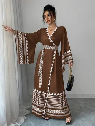 Rafferiza فستان طويل الأكمام ناعم مطبوع بأشكال زهرية مع حزام مربوط على الظهر، أنيق للنساء