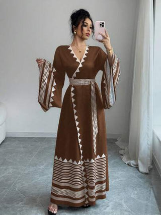 Rafferiza فستان طويل الأكمام ناعم مطبوع بأشكال زهرية مع حزام مربوط على الظهر، أنيق للنساء