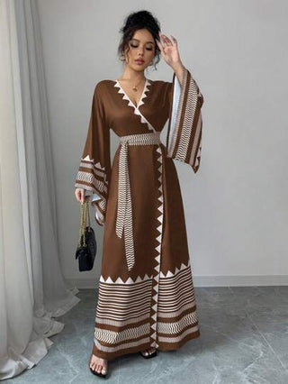 Rafferiza فستان طويل الأكمام ناعم مطبوع بأشكال زهرية مع حزام مربوط على الظهر، أنيق للنساء