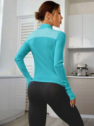 Sport Studio بلوزة رياضة سلس نسائية طويلة الأكمام نصف السحاب، كاجوال، للياقة البدنية