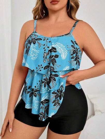 Swim Lushoire مجموعة بمقاسات كبيرة للسيدات مكونة من 2 قطعة، بكشكشة متداخلة على شكل هلتر وشورت بنمط أزهار برتقالي وأسود للبكيني والملابس السباحة