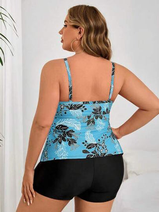 Swim Lushoire مجموعة بمقاسات كبيرة للسيدات مكونة من 2 قطعة، بكشكشة متداخلة على شكل هلتر وشورت بنمط أزهار برتقالي وأسود للبكيني والملابس السباحة