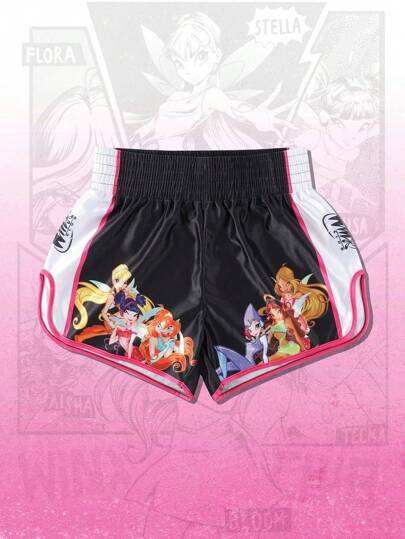 ROMWE MEN Winx Club X ROMWE شورتات رياضية للرجال بخصر مطاطي ورسوم كرتونية ملونة، شورتات للملاكمة/كرة السلة