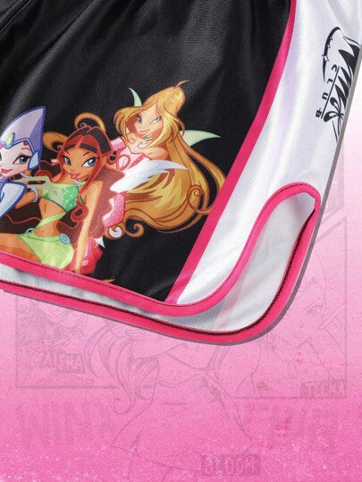 ROMWE MEN Winx Club X ROMWE شورتات رياضية للرجال بخصر مطاطي ورسوم كرتونية ملونة، شورتات للملاكمة/كرة السلة