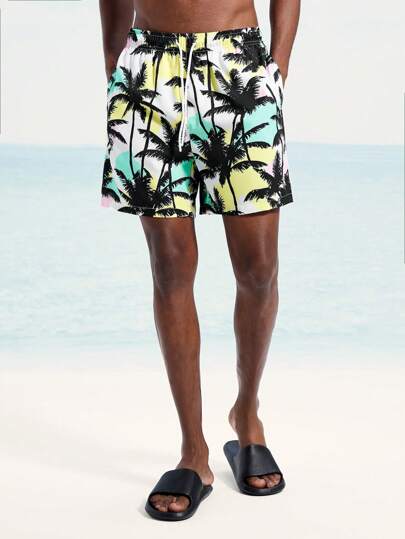 Surfspeed شورت شاطئ للرجال بخصر قابل للسحب مع طباعة شجرة النخيل