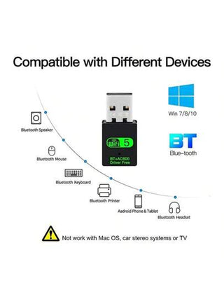 KZ محول USB للواي فاي والبلوتوث 2 في 1 سرعة 600 ميجابت في الثانية للنطاق المزدوج 2.4 جيجاهرتز و5 جيجاهرتز، محول لاسلكي عالي السرعة لبطاقة شبكة لأجهزة الكمبيوتر المحمول والكمبيوتر الشخصي