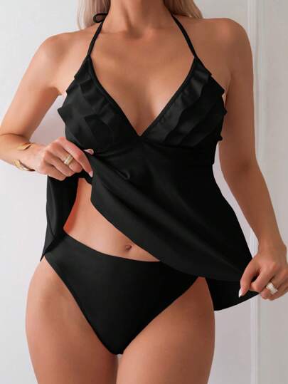 طقم تانكيني حريمي Swim Mod مجموعة بكيني تنانك بلون أحادي مع كشكشة على الرقبة الحالترة للعطلة و الشاطئ