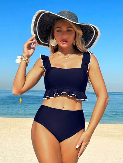 طقم تانكيني حريمي Swim Vcay توب قصير نسائي برقبة مربعة وحافة متموجة للبكيني