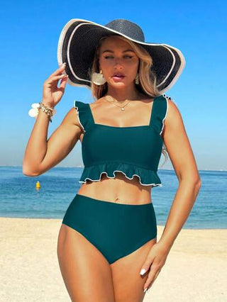 طقم تانكيني حريمي Swim Vcay طقم ملابس سباحة رياضية للنساء بفيونكة رقبة مربعة مع كشكش