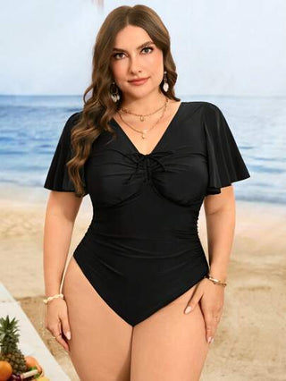 Swim Lushoire بدلة سباحة نسائية بحجم كبير ذات لون أحادي، تصميم كشكش علي الأكمام، وسحاب في منطقة الصدر لتغطية البطن، مناسبة للصيف