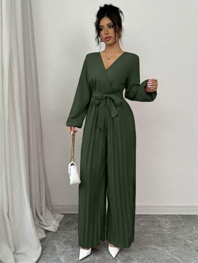 Elenzga بدلة قفز ذات رقبة على شكل V وأكمام متضخمة ومربوطة الوسط ومطوية واسعة الساق، مجموعة ربيعية جديدة