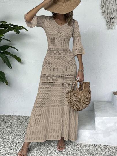 Knit Mix فستان كاجوال متوسط الطول ذو رقبة على شكل حرف V مفرغة للأكمام الطويلة، طباعة الأزهار عشوائية، مناسب لارتداء الربيع والصيف في العطلات
