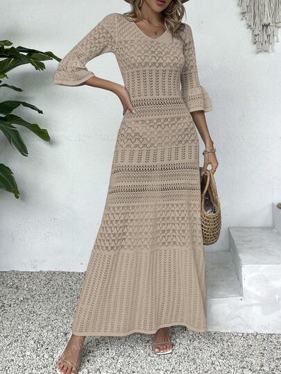 Knit Mix فستان محبوك بأكمام طويلة وياقة على شكل حرف V، تصميم أبيض صيفي بالكامل للشاطئ، طراز Mo Vintage قديم مناسب للارتداء، طباعة نمط عشوائي عودة إلى المدرسة خريف النساء