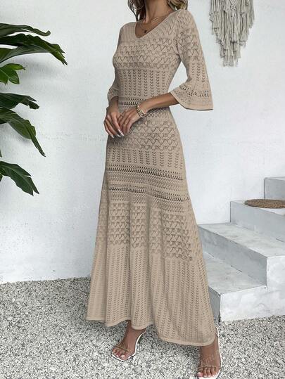 Knit Mix فستان محبوك بأكمام طويلة وياقة على شكل حرف V، تصميم أبيض صيفي بالكامل للشاطئ، طراز Mo Vintage قديم مناسب للارتداء، طباعة نمط عشوائي عودة إلى المدرسة خريف النساء