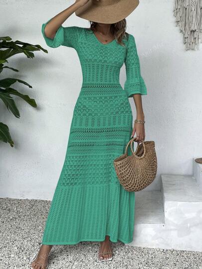 Knit Mix فستان كاجوال صيفي نسائي بياقة على شكل حرف V وأكمام طويلة ومتوسط الطول مطرز بورود، موسم الربيع/الصيف (النقش قد يختلف)