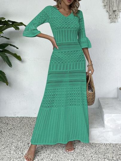 Knit Mix فستان كاجوال صيفي نسائي بياقة على شكل حرف V وأكمام طويلة ومتوسط الطول مطرز بورود، موسم الربيع/الصيف (النقش قد يختلف)
