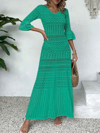 Knit Mix فستان كاجوال صيفي نسائي بياقة على شكل حرف V وأكمام طويلة ومتوسط الطول مطرز بورود، موسم الربيع/الصيف (النقش قد يختلف)
