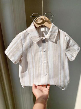 SHEIN LMoss Kids قميص بياقة للأولاد الصغار من قماش جاكار بنسيج المشمش الكاجوال، كارديجان قصير الأكمام، مناسب للارتداء في المنزل والخروج والمدرسة والسفر والعطلات في الربيع والصيف