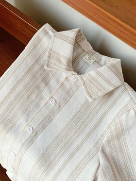 SHEIN LMoss Kids قميص بياقة للأولاد الصغار من قماش جاكار بنسيج المشمش الكاجوال، كارديجان قصير الأكمام، مناسب للارتداء في المنزل والخروج والمدرسة والسفر والعطلات في الربيع والصيف