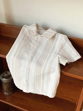 SHEIN LMoss Kids قميص بياقة للأولاد الصغار من قماش جاكار بنسيج المشمش الكاجوال، كارديجان قصير الأكمام، مناسب للارتداء في المنزل والخروج والمدرسة والسفر والعطلات في الربيع والصيف