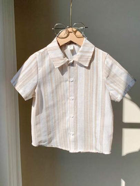 SHEIN LMoss Kids قميص بياقة للأولاد الصغار من قماش جاكار بنسيج المشمش الكاجوال، كارديجان قصير الأكمام، مناسب للارتداء في المنزل والخروج والمدرسة والسفر والعطلات في الربيع والصيف