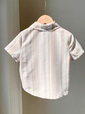 SHEIN LMoss Kids قميص بياقة للأولاد الصغار من قماش جاكار بنسيج المشمش الكاجوال، كارديجان قصير الأكمام، مناسب للارتداء في المنزل والخروج والمدرسة والسفر والعطلات في الربيع والصيف