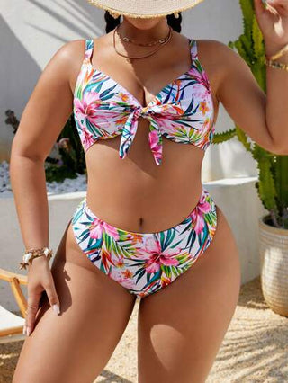 Swim Lushoire 2 قطعة مجموعة بكيني للنساء ذوات الأحجام الكبيرة، طبعة زهرية مع حمالة قابلة للتعديل، سلك دعم، وأسفل فائق الارتفاع مزين بعقدة