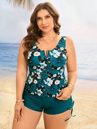 Swim Lushoire زي السباحة بقطعتين من الرقبة V للمرأة ذات الحجم الكبير، تحكم البطن، ذو تصميم زهري عشوائي أخضر للعطلات والأزياء البسيطة