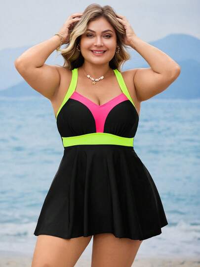 Swim Lushoire طقم من قطعتين للمرأة كبيرة الحجم، توب كروب ملون وشورت على شكل حرف A، ملابس سباحة، ملابس صيفية كاجوال للعطلات الشاطئية