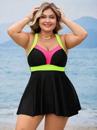Swim Lushoire طقم من قطعتين للمرأة كبيرة الحجم، توب كروب ملون وشورت على شكل حرف A، ملابس سباحة، ملابس صيفية كاجوال للعطلات الشاطئية