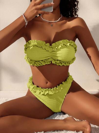 Swim Mod مجموعة بذلة السباحة ذات حافة مجعدة باللون الواحد للنساء للعطلات والشاطئ