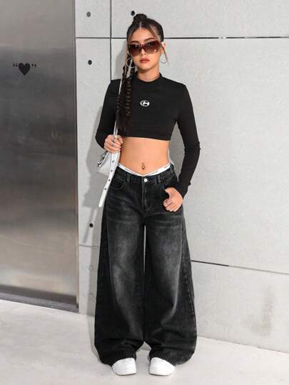 SHEIN جينز فضفاض بارتفاع خصر منخفض، بتصميم غسيل رمادي كلاسيكي، بجيوب مائلة، ملابس عادية بساق واسع للفتيات، ملابس الشارع