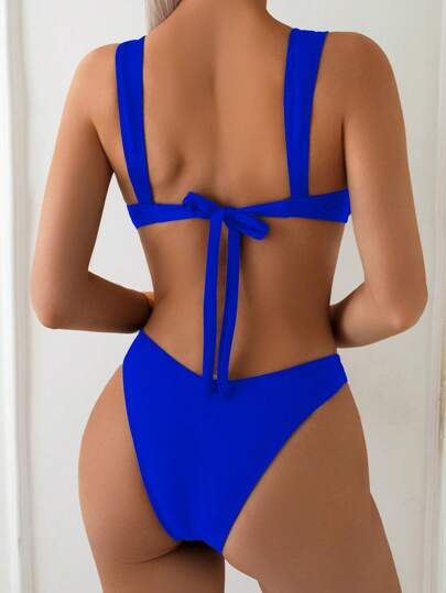 Swim بكيني ملون صلب قطعتين للنساء بظهر مفتوح، ديكور معدني على شكل نجمة البحر لإجازة الربيع والصيف