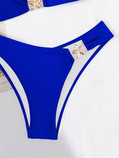 Swim بكيني ملون صلب قطعتين للنساء بظهر مفتوح، ديكور معدني على شكل نجمة البحر لإجازة الربيع والصيف