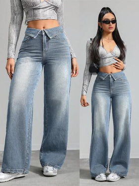 SHEIN Tall بنطلون جينز للنساء ذو قصة مستقيمة وفضفاضة، لون أزرق، سراويل جينز فضفاضة طويلة للنساء ذات خصر واطئ