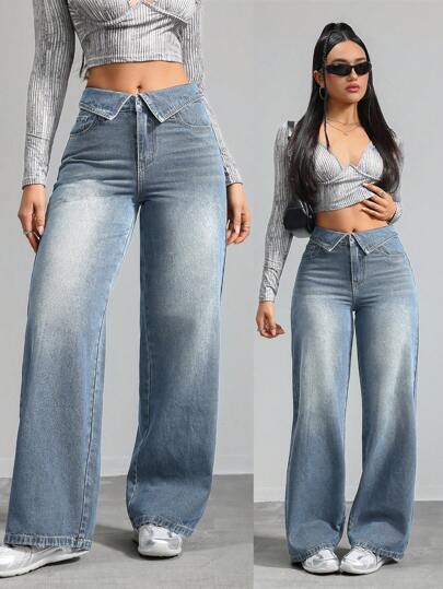 SHEIN Tall بنطلون جينز للنساء ذو قصة مستقيمة وفضفاضة، لون أزرق، سراويل جينز فضفاضة طويلة للنساء ذات خصر واطئ