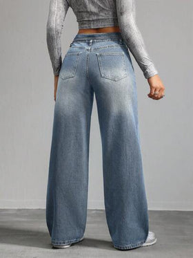 SHEIN Tall بنطلون جينز للنساء ذو قصة مستقيمة وفضفاضة، لون أزرق، سراويل جينز فضفاضة طويلة للنساء ذات خصر واطئ