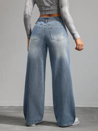 SHEIN Tall بنطلون جينز للنساء ذو قصة مستقيمة وفضفاضة، لون أزرق، سراويل جينز فضفاضة طويلة للنساء ذات خصر واطئ