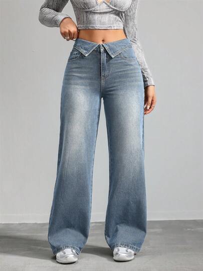 SHEIN Tall بنطلون جينز للنساء ذو قصة مستقيمة وفضفاضة، لون أزرق، سراويل جينز فضفاضة طويلة للنساء ذات خصر واطئ