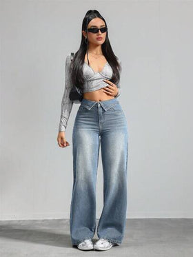 SHEIN Tall بنطلون جينز للنساء ذو قصة مستقيمة وفضفاضة، لون أزرق، سراويل جينز فضفاضة طويلة للنساء ذات خصر واطئ
