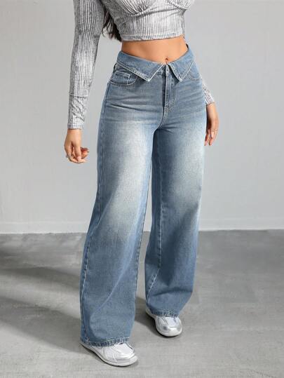 SHEIN Tall بنطلون جينز للنساء ذو قصة مستقيمة وفضفاضة، لون أزرق، سراويل جينز فضفاضة طويلة للنساء ذات خصر واطئ