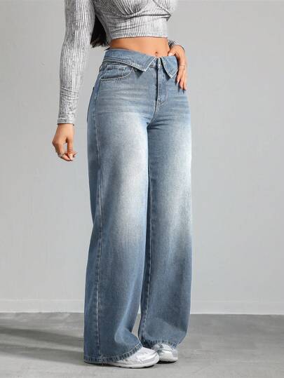 SHEIN Tall بنطلون جينز للنساء ذو قصة مستقيمة وفضفاضة، لون أزرق، سراويل جينز فضفاضة طويلة للنساء ذات خصر واطئ