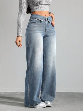 SHEIN Tall بنطلون جينز للنساء ذو قصة مستقيمة وفضفاضة، لون أزرق، سراويل جينز فضفاضة طويلة للنساء ذات خصر واطئ