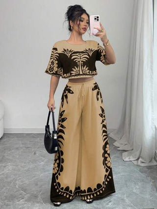 Rafferiza مجموعة كاجوال للنساء مكونة من 2 قطعة، توب مطبوع بطبعة زهور وبنطلون رجل واسع، طراز ربيعي/صيفي متنزه